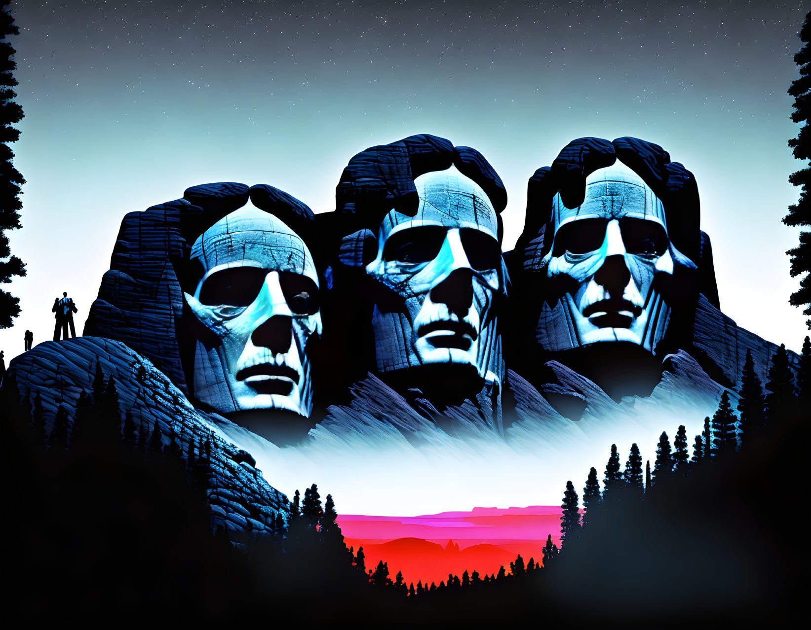 Stylized Mount Rushmore at dusk with vibrant horizon and silhouetted figures