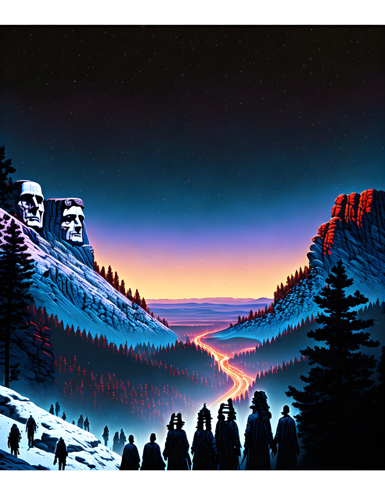 Illustration of silhouetted figures near skull-faced mountain under starry sky.