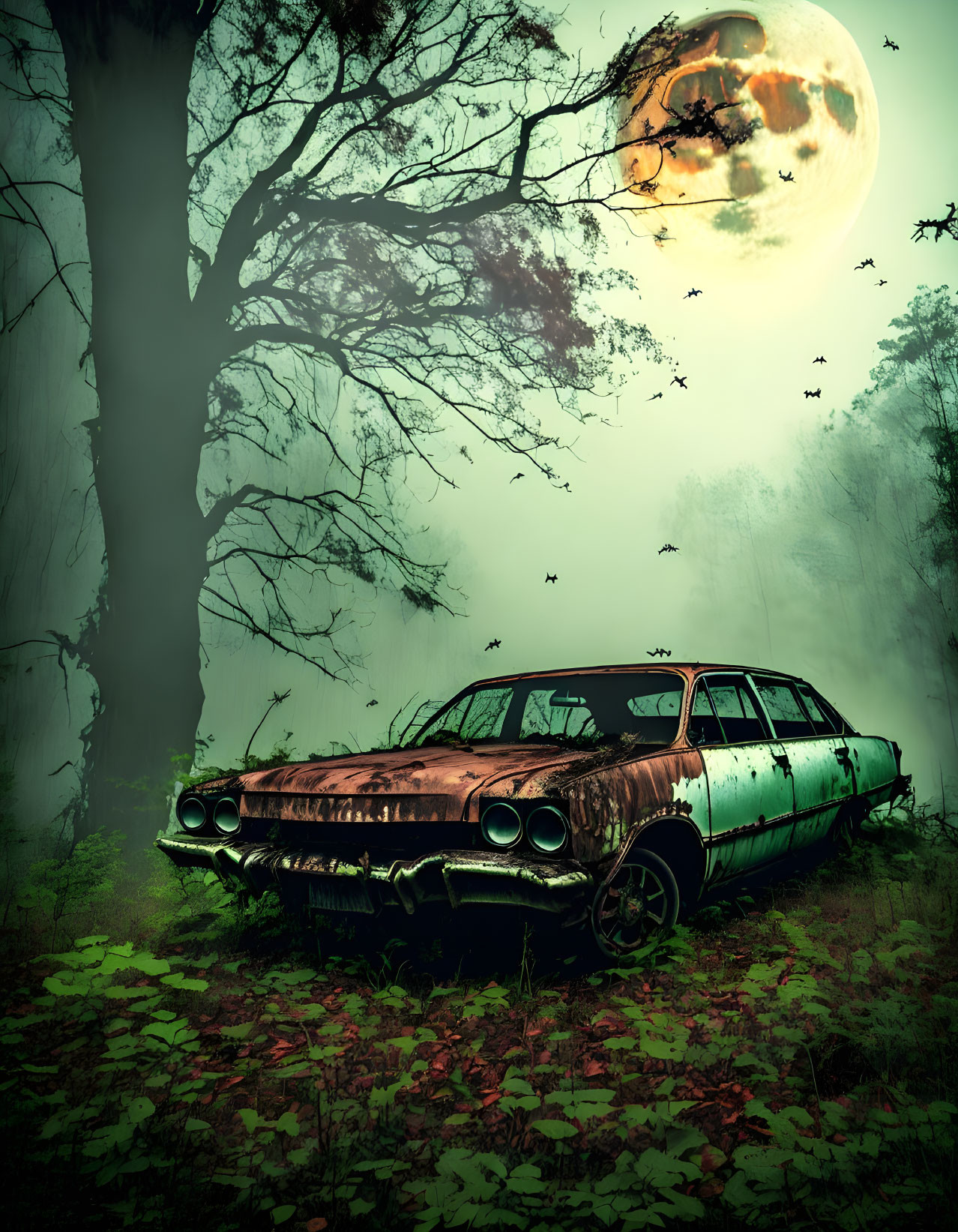 Rusted car in foggy forest with full moon and bats