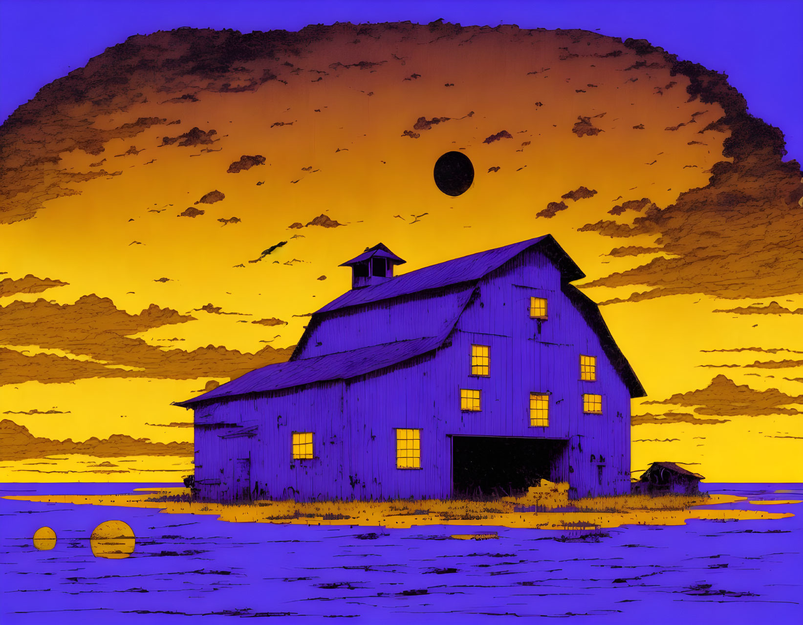 Stylized blue barn under vibrant sky with dark sun/moon