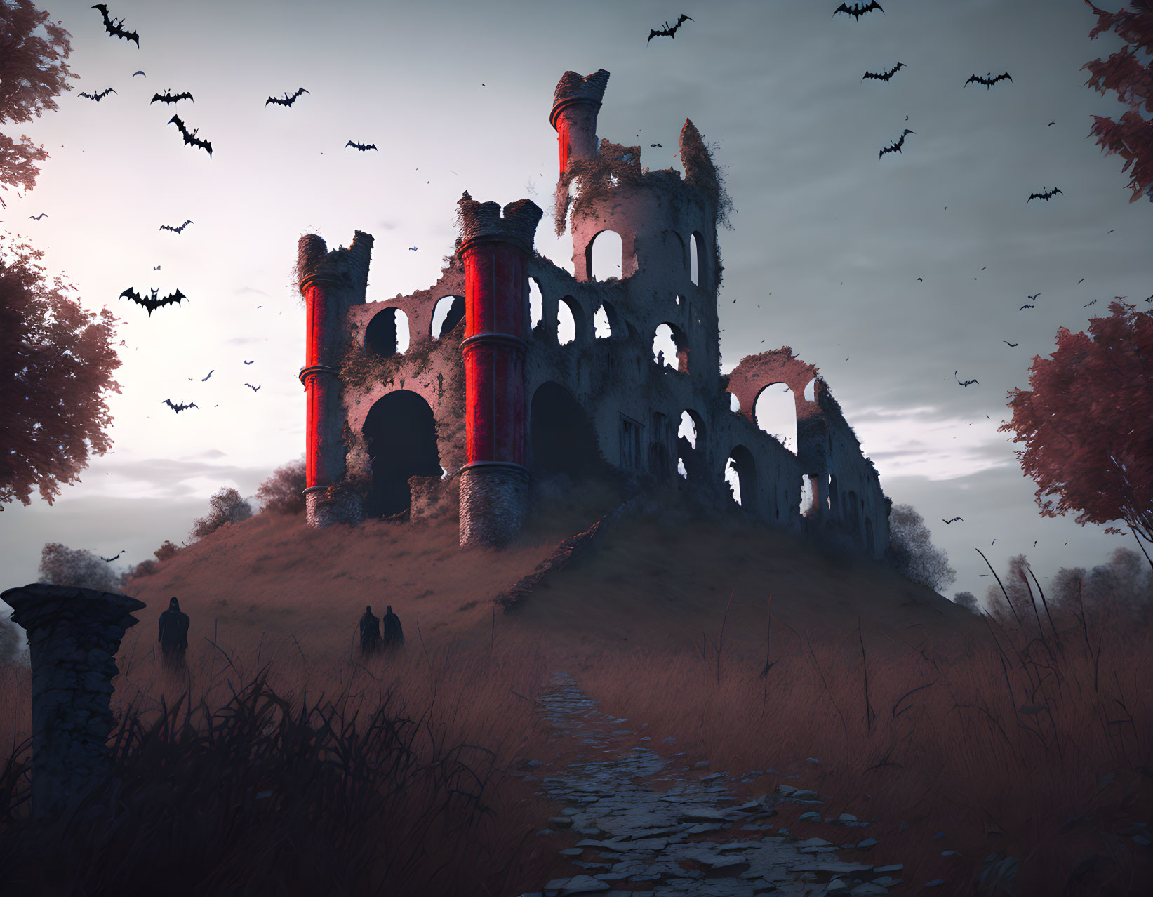 Decrepit castle scene with bats, dusk sky, barren trees, fallen leaves, and approaching figures