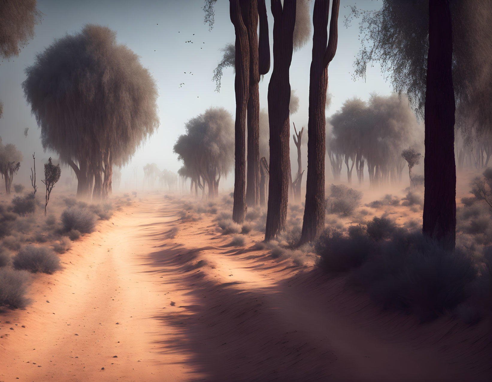 Misty forest scene with sandy path and towering trees