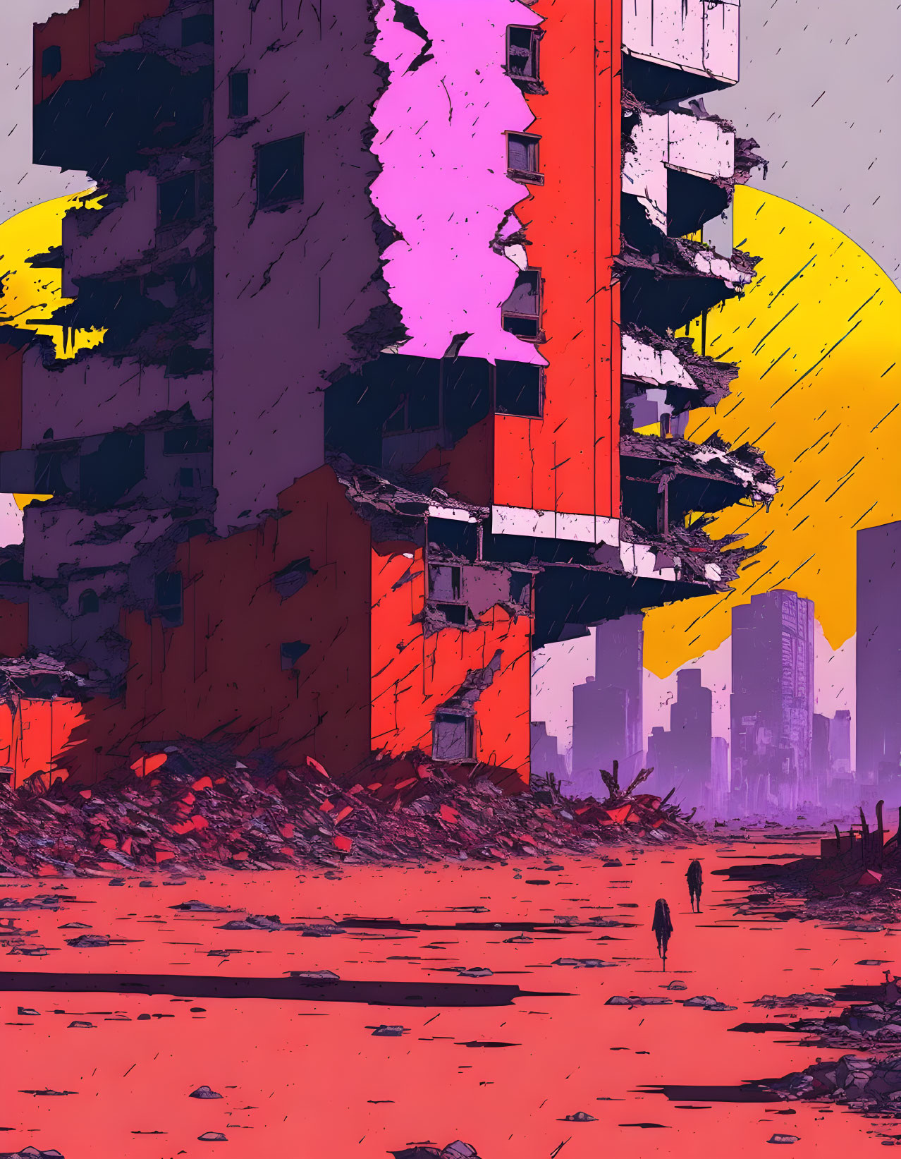 Stylized image of two figures in ruins under pink and yellow skies