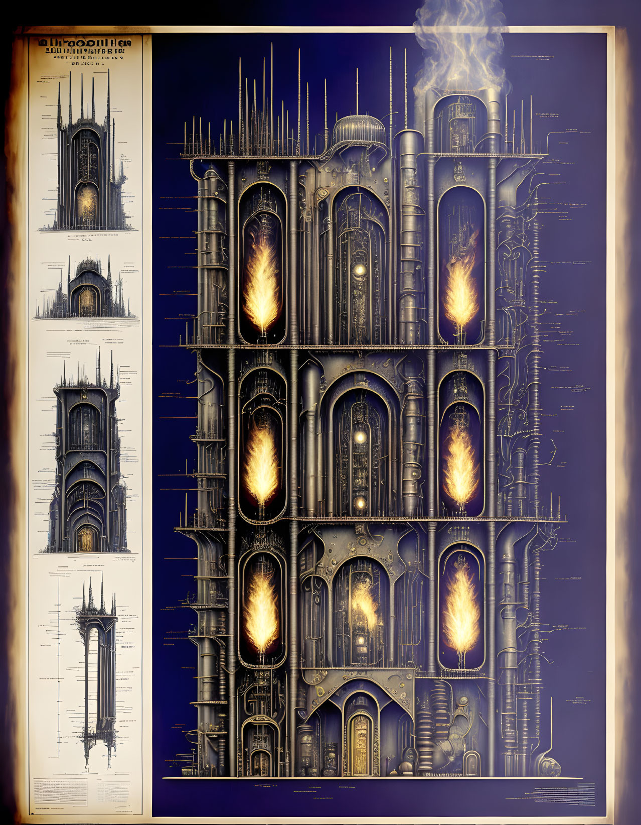 Detailed cutaway illustration of fictional steampunk rocket engine