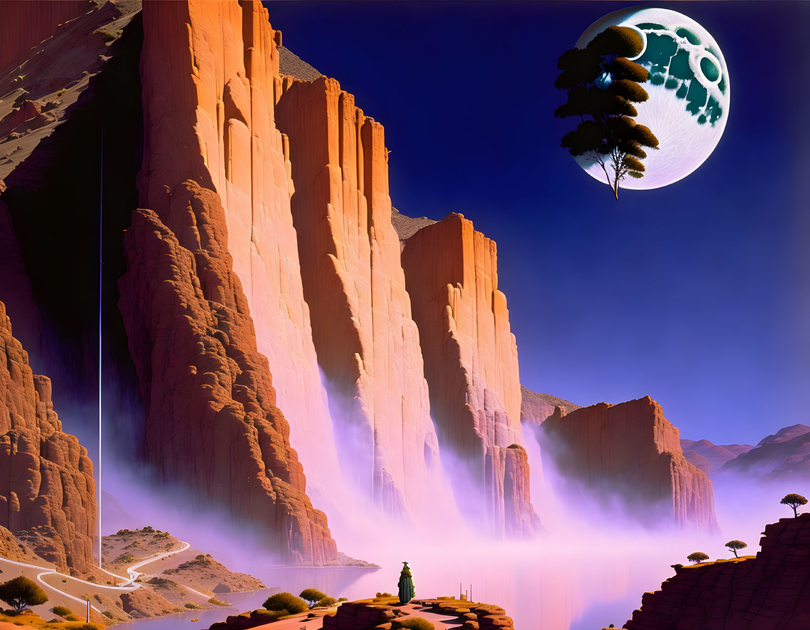 Fantastical landscape with red cliffs, mist, winding road, lone tree, surreal moon.