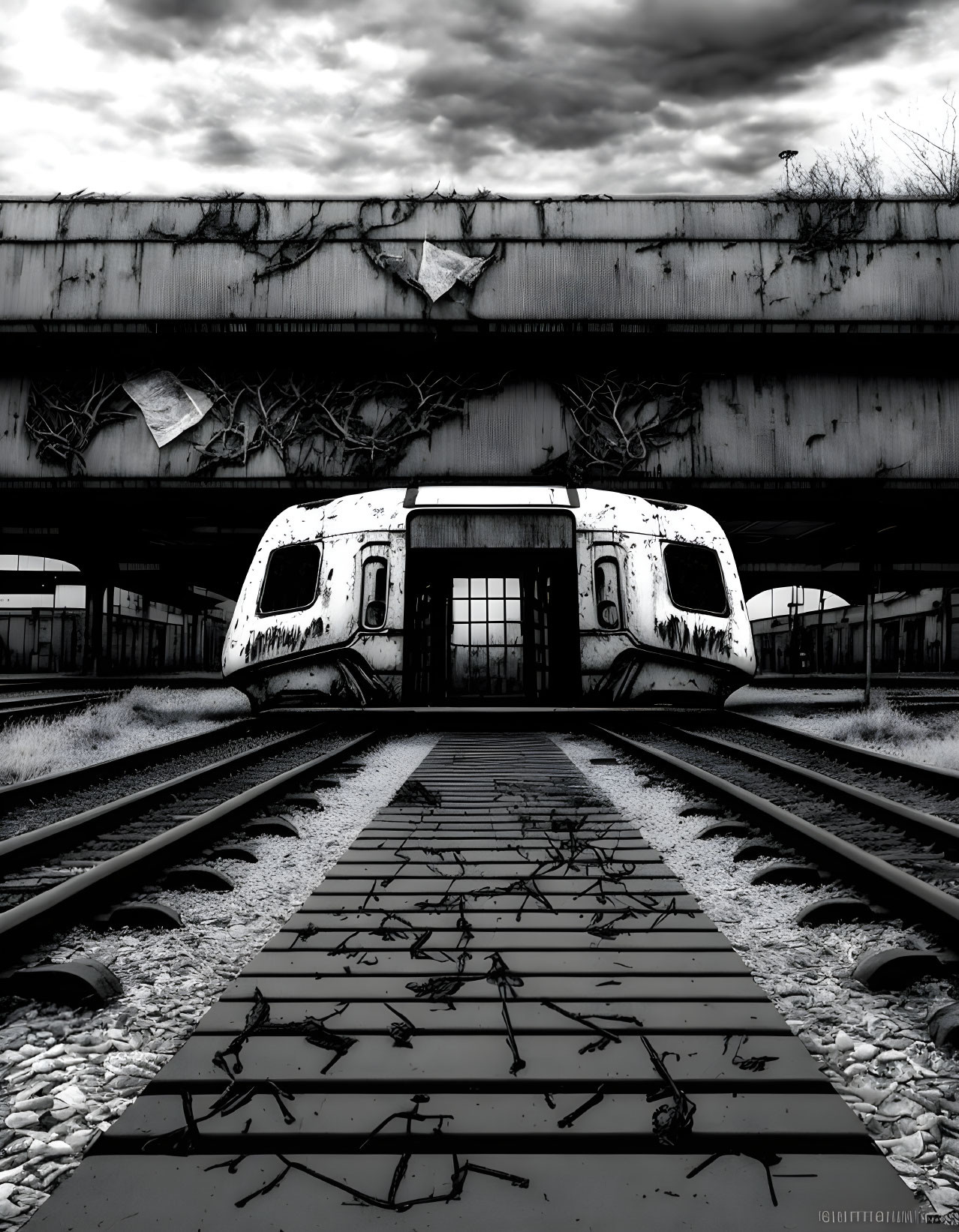 Abandoned train at dilapidated station under stormy sky