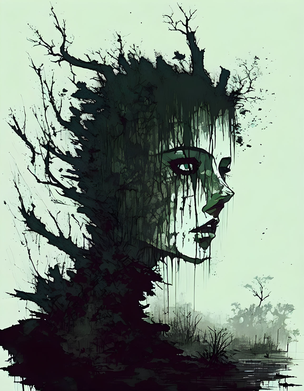 Artistic fusion of woman's face with dark forest landscape