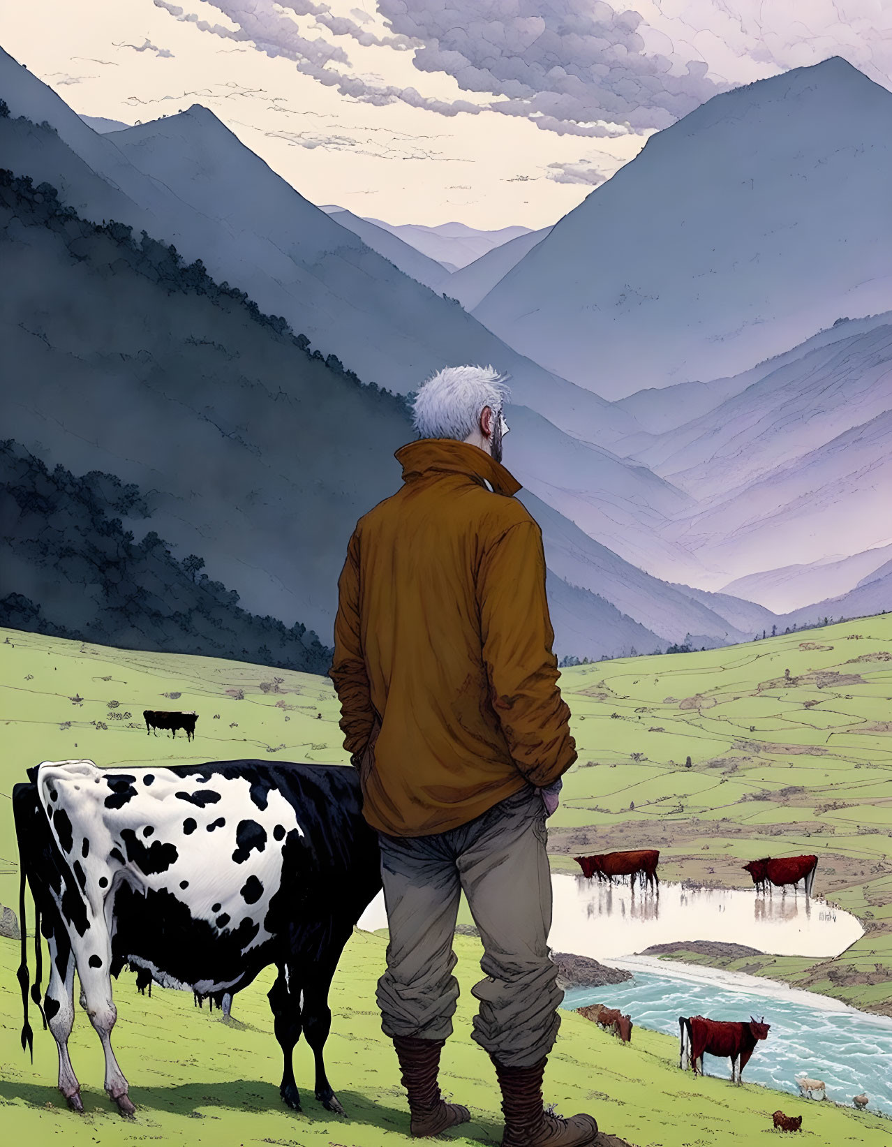 Man and cow admiring serene valley with river and mountains.