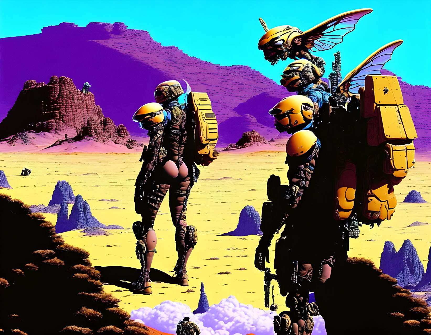 Futuristic soldiers in winged suits explore alien desert landscape