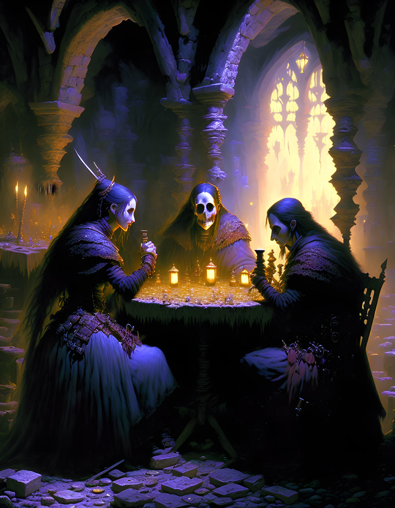 Gothic chamber scene: Three cloaked figures with skull-like faces at table with map