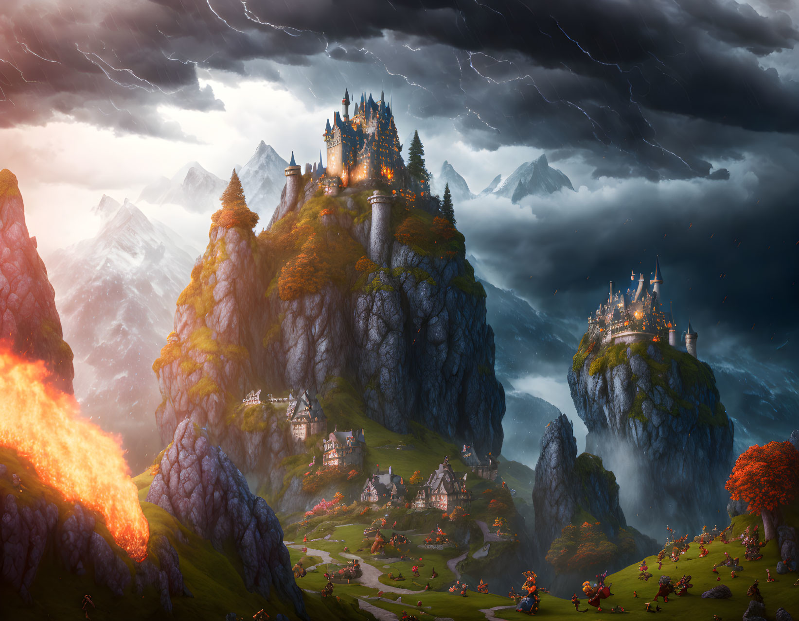 Fantasy landscape featuring towering cliffs, castle, village, volcanic lava, and stormy sky.