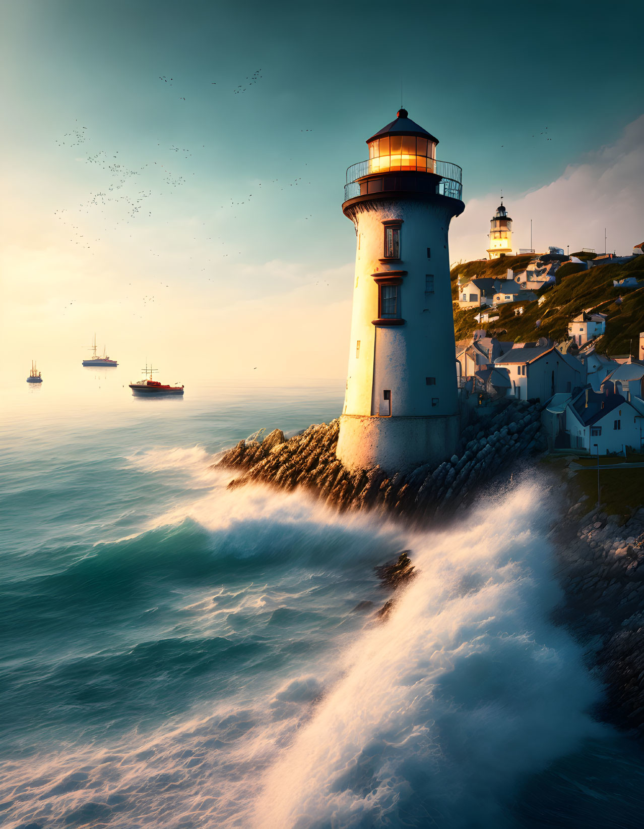 Lighthouse on rocky cliff with crashing waves, birds, ships at sunset