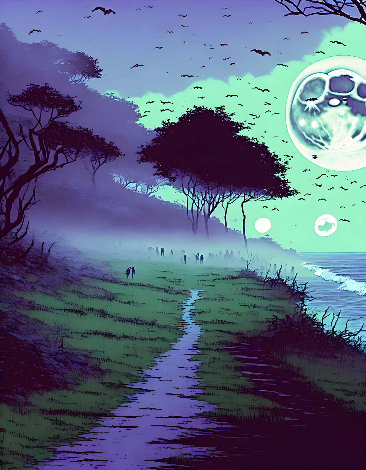 Moonlit Path Through Mystical Landscape with Silhouettes & Ghostly Figures