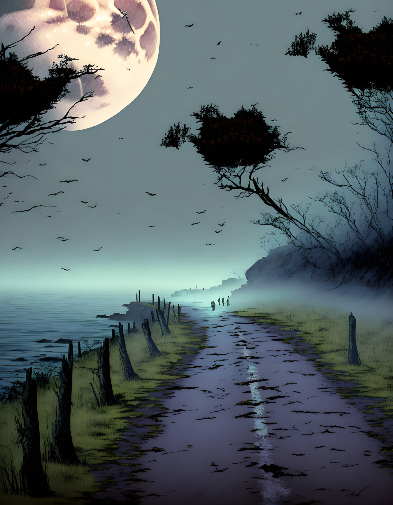 Moonlit Pathway by the Sea with Fence, Trees, People Walking, and Birds Flying