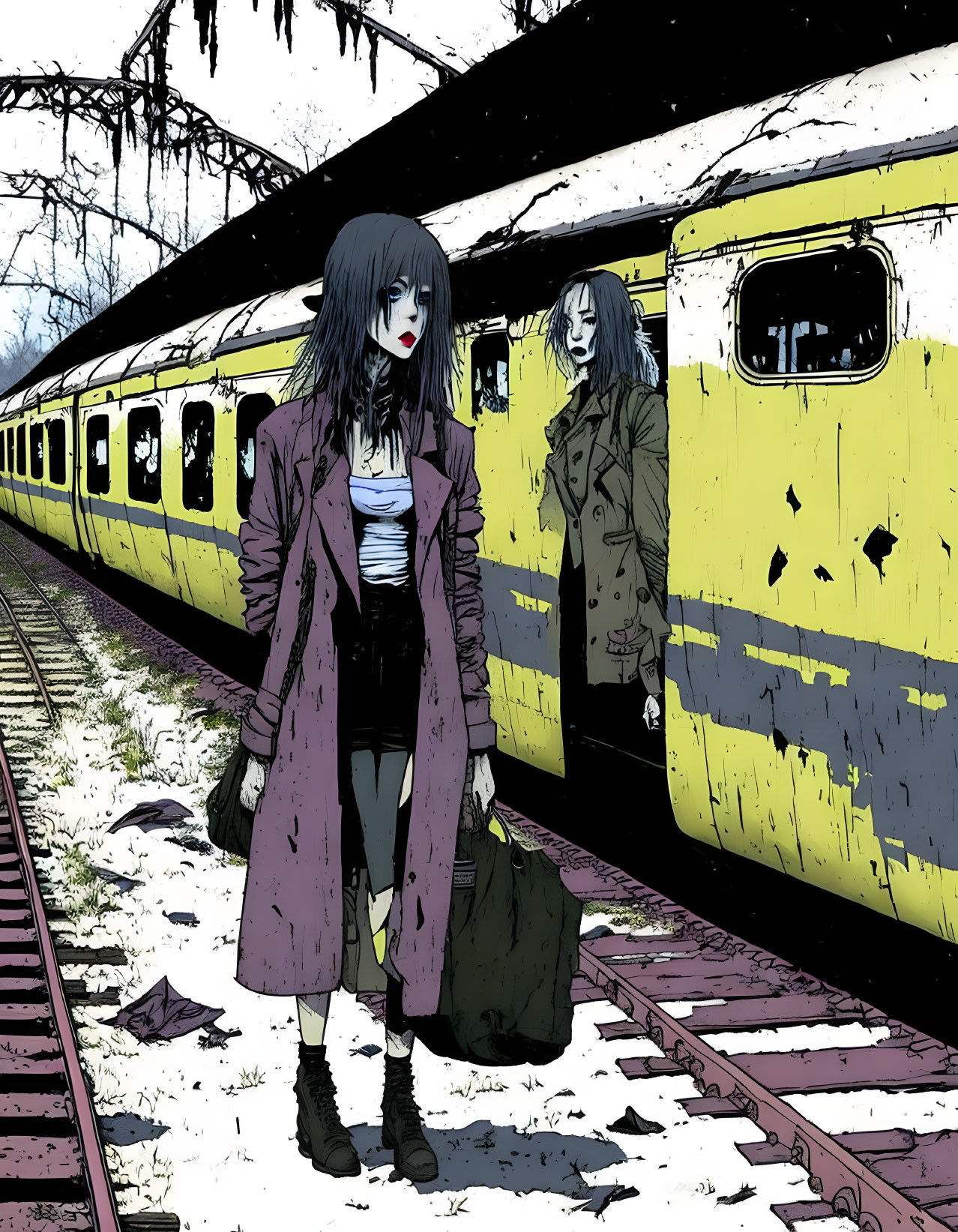 Stylized illustration of two zombie-like figures by yellow train carriage