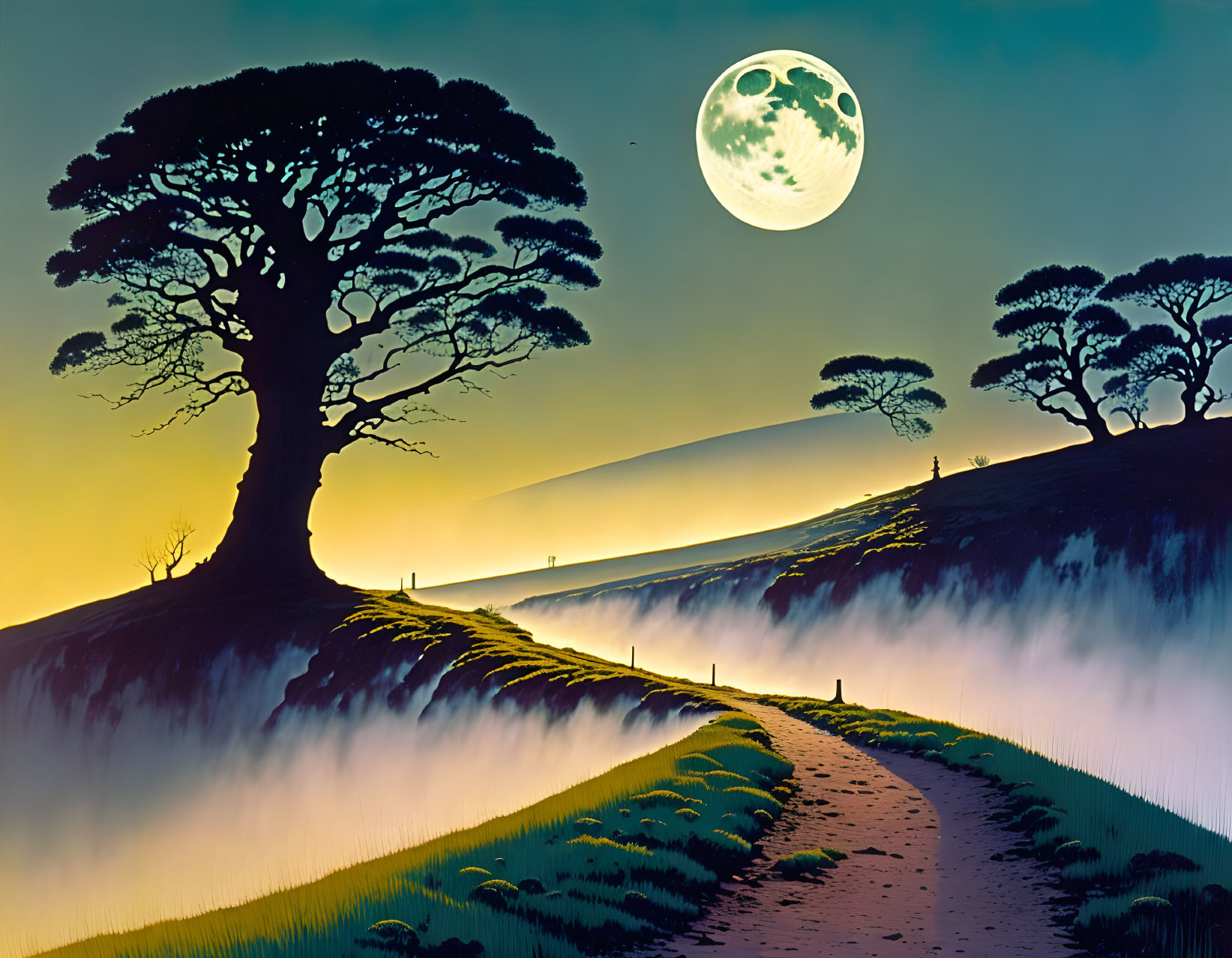 Surreal full moon landscape with lone figure and misty cliff