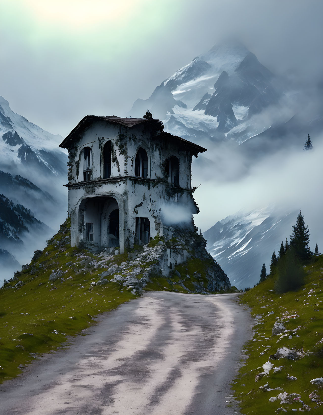 Desolate two-story house on hill with snowy mountains and fog