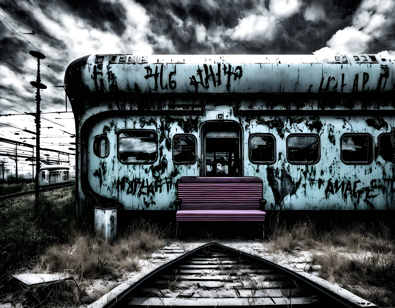 Abandoned train carriage covered in graffiti under dramatic sky