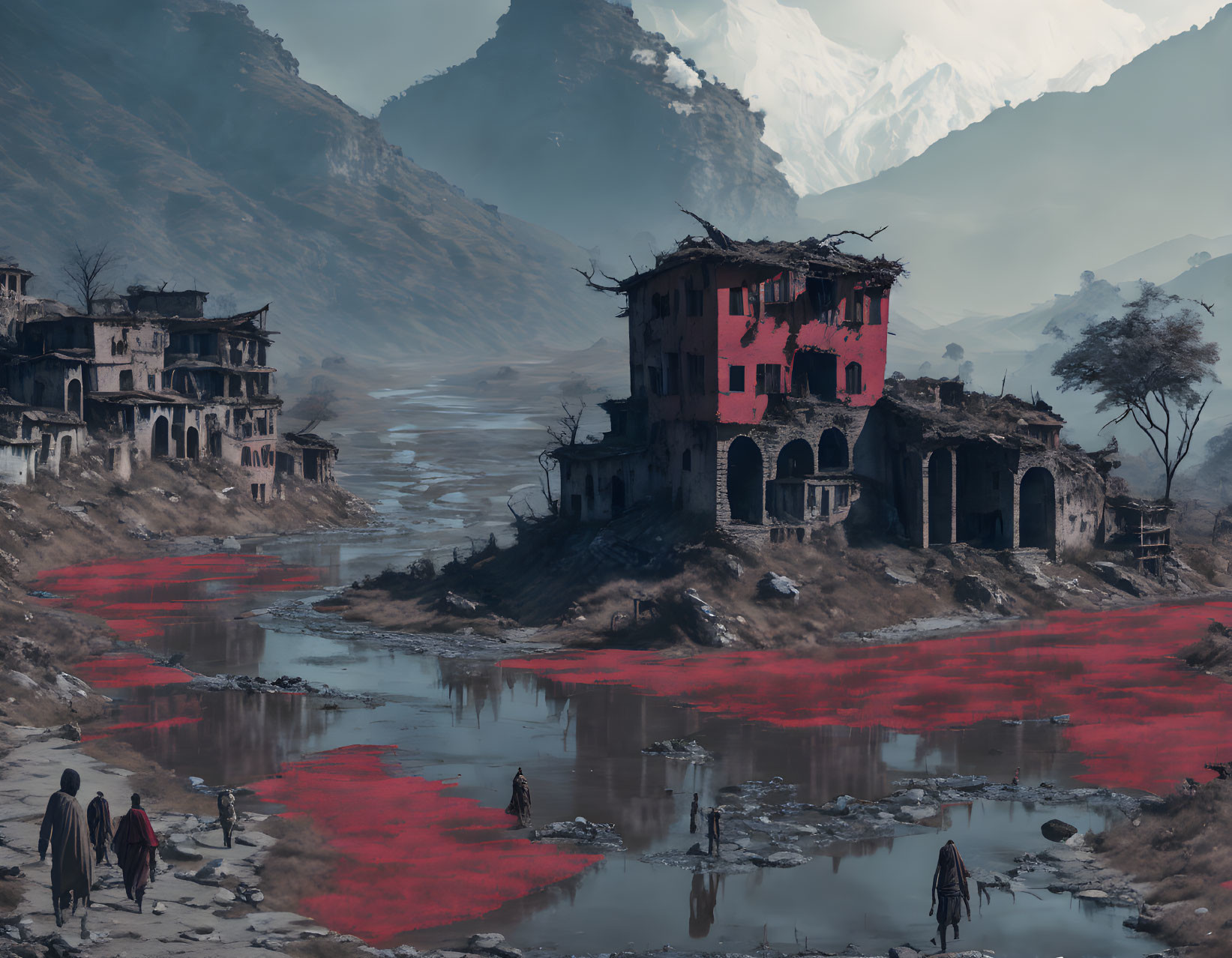 Abandoned riverside town with red water, mountains, and wandering figures