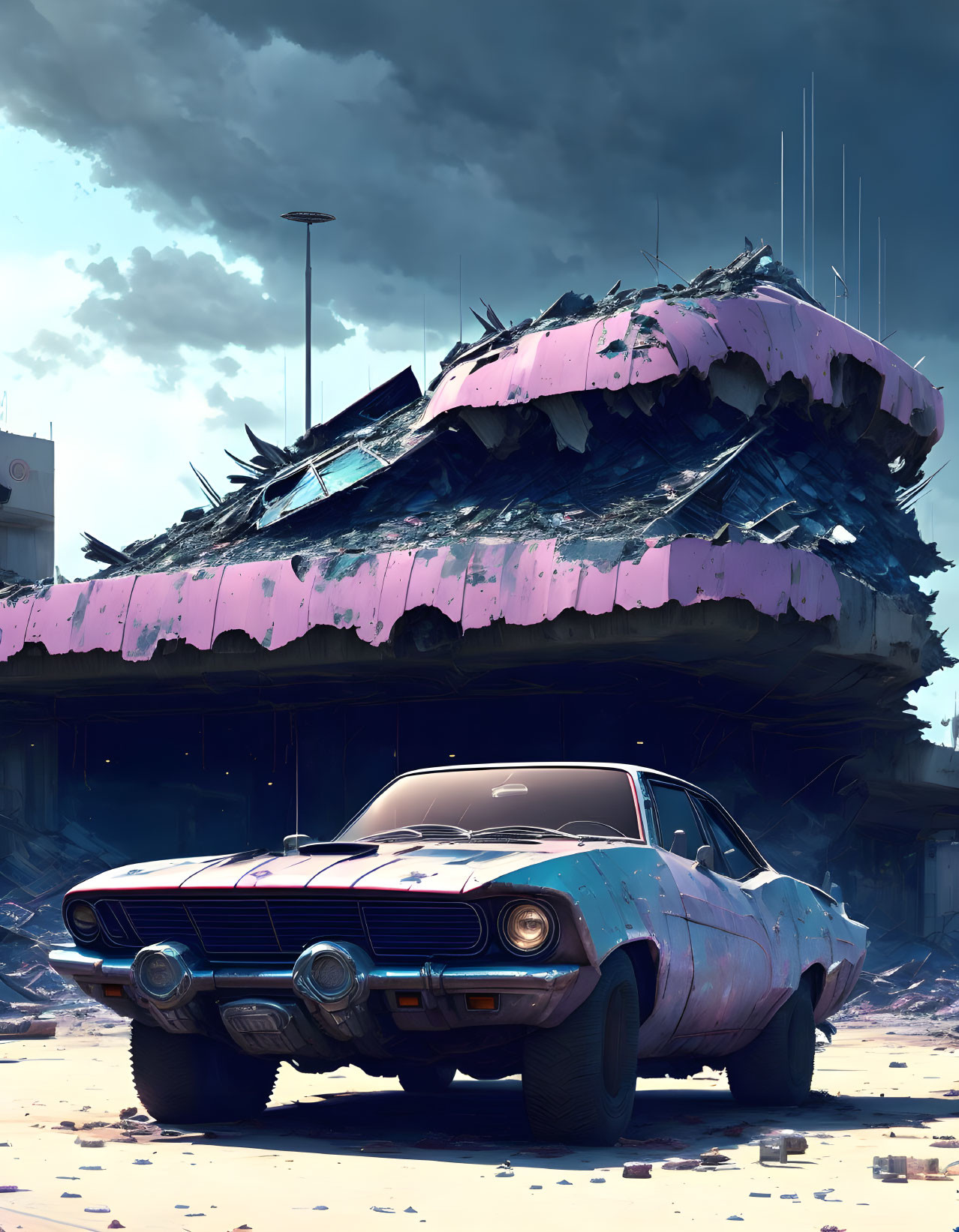 Vintage Blue Car Parked Under Abandoned Pink Structure in Desolate Urban Landscape