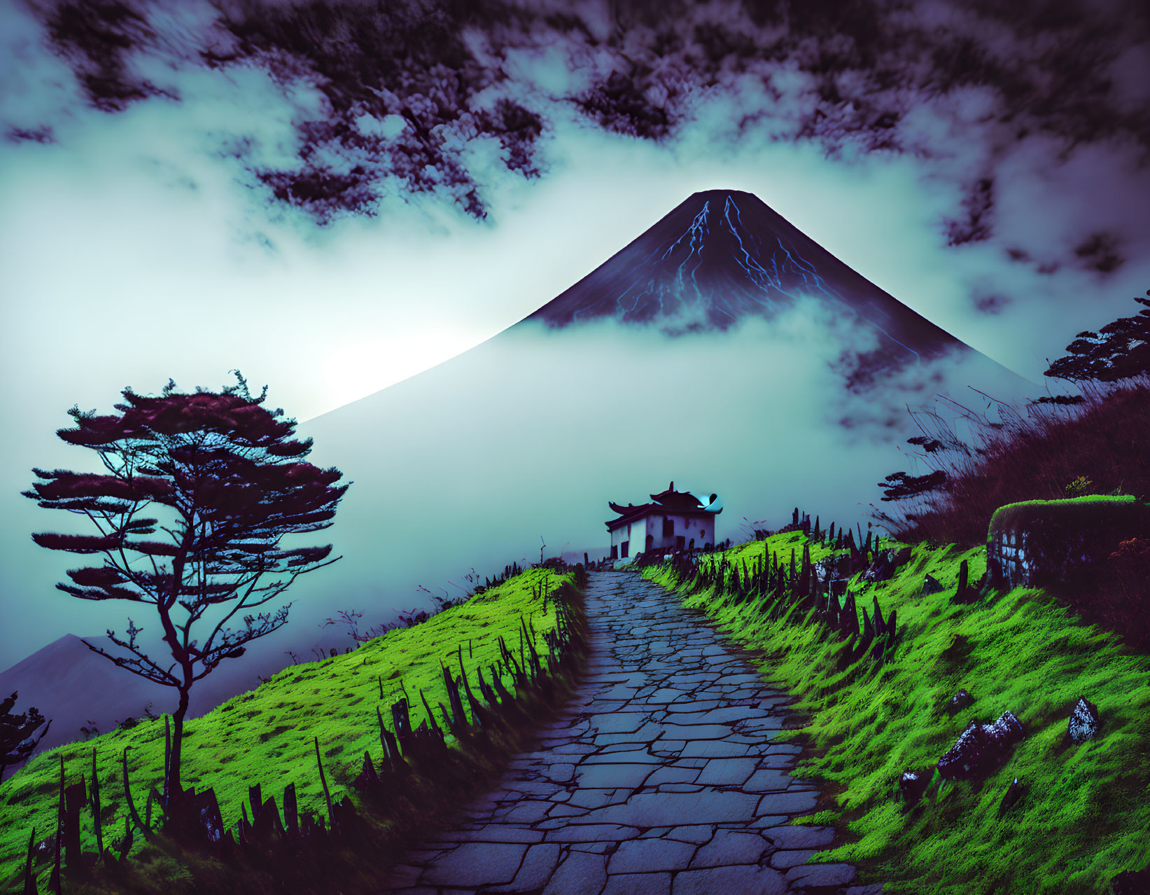 Mystical pathway to traditional pagoda with Mount Fuji in misty background