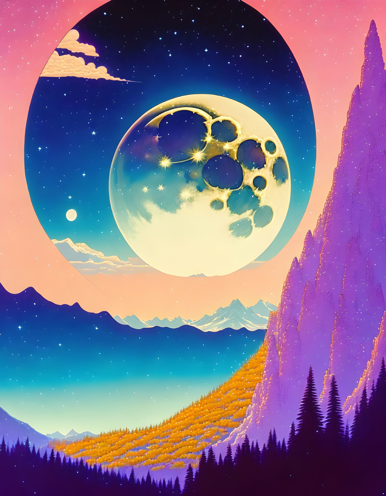 Colorful landscape with moon, starry sky, mountains, orange trees, and purple cliffs