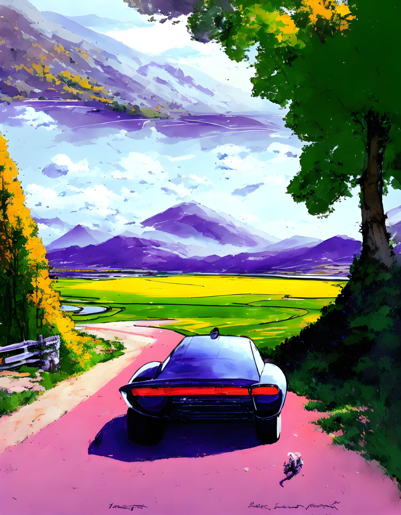 Retro-futuristic car parked near colorful mountains