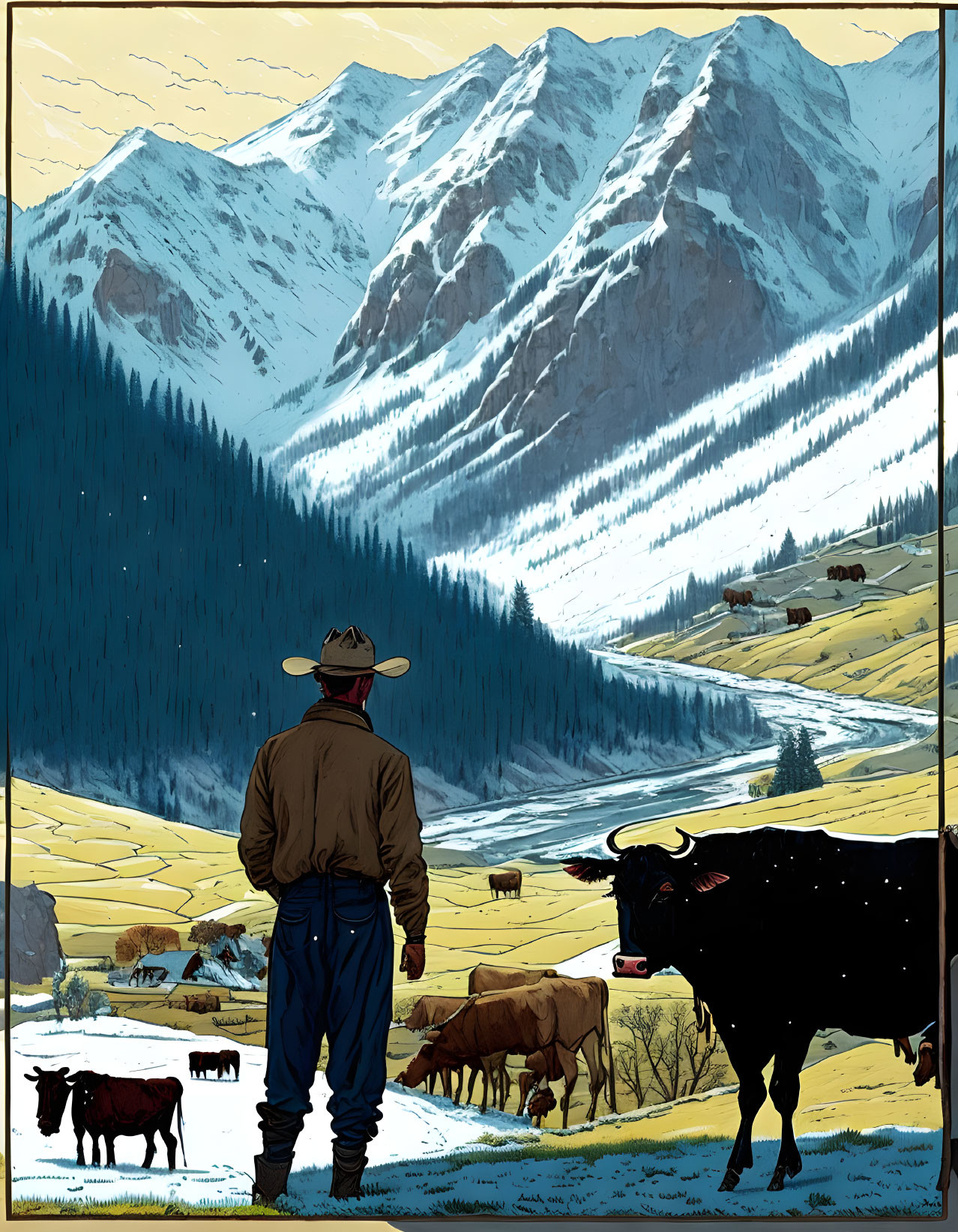 Cowboy observing cattle in mountainous landscape