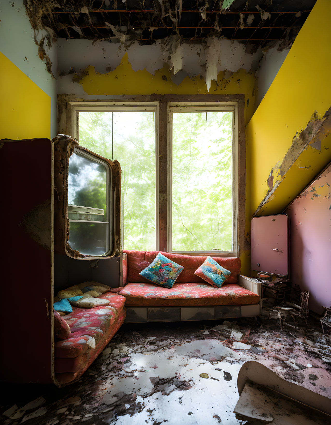 Abandoned room with peeling yellow walls, damaged red sofa, colorful cushions, debris, and green