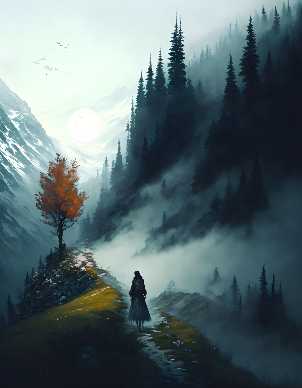 Figure on misty mountain path under pale moon with orange tree