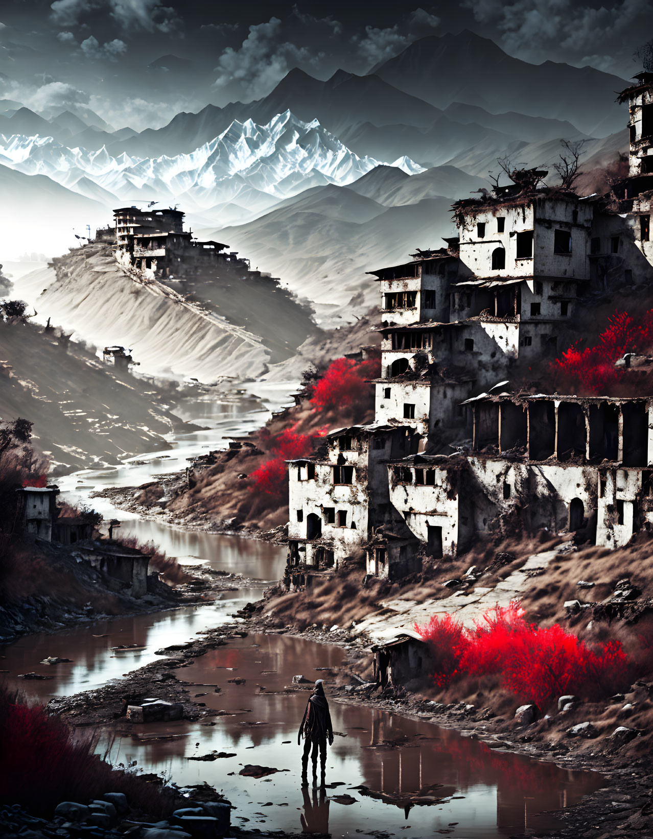 Person walking by river near red foliage & snowy mountains with dilapidated buildings in dramatic sky