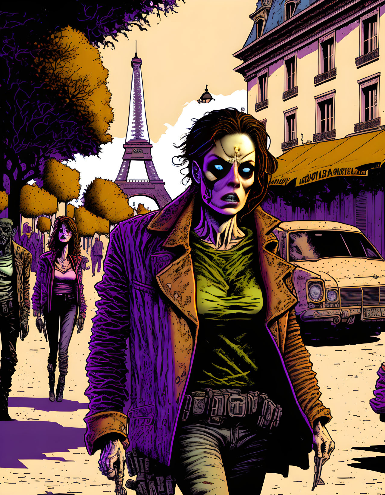 Zombie-themed Paris scene with undead figures and Eiffel Tower.