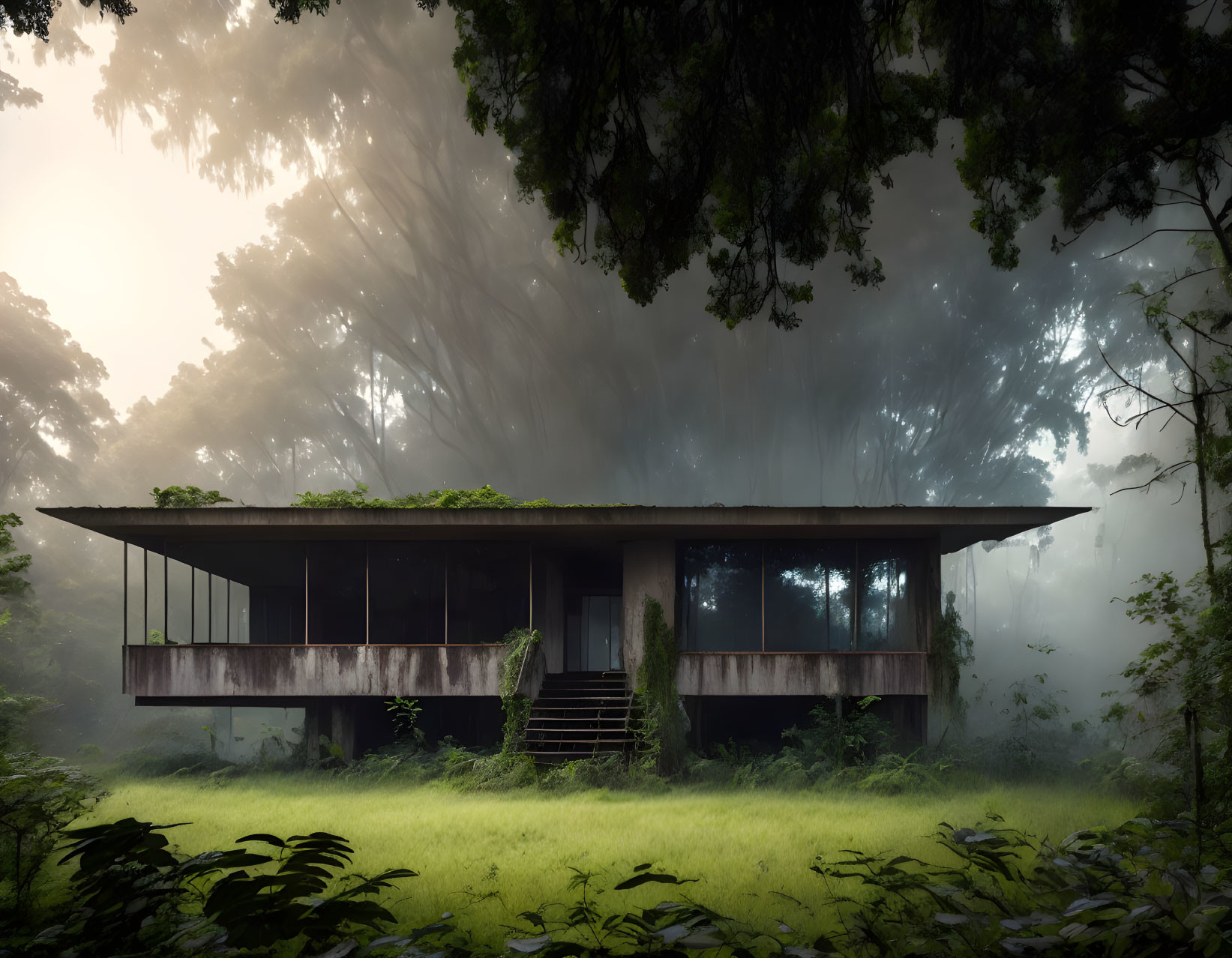 Modern House with Large Windows in Foggy Forest