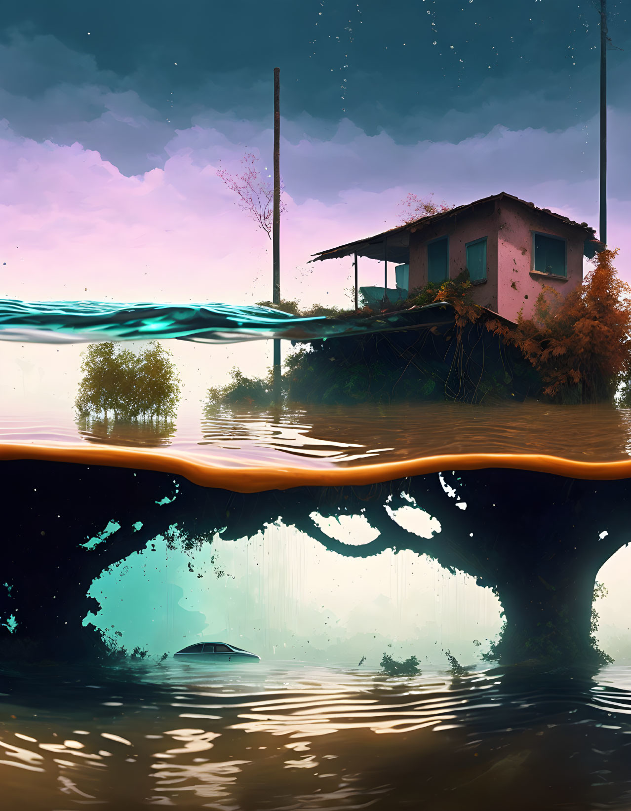 Surreal landscape with floating house and underwater car view