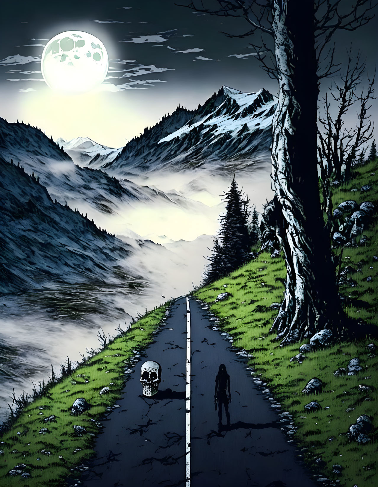 Moonlit Night Scene: Figure Walking on Road in Mountainous Landscape with Skull