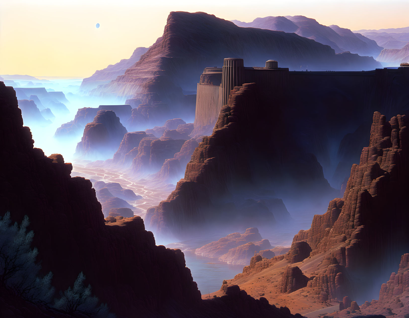 Alien landscape with red cliffs, river, futuristic structures & extraterrestrial sky