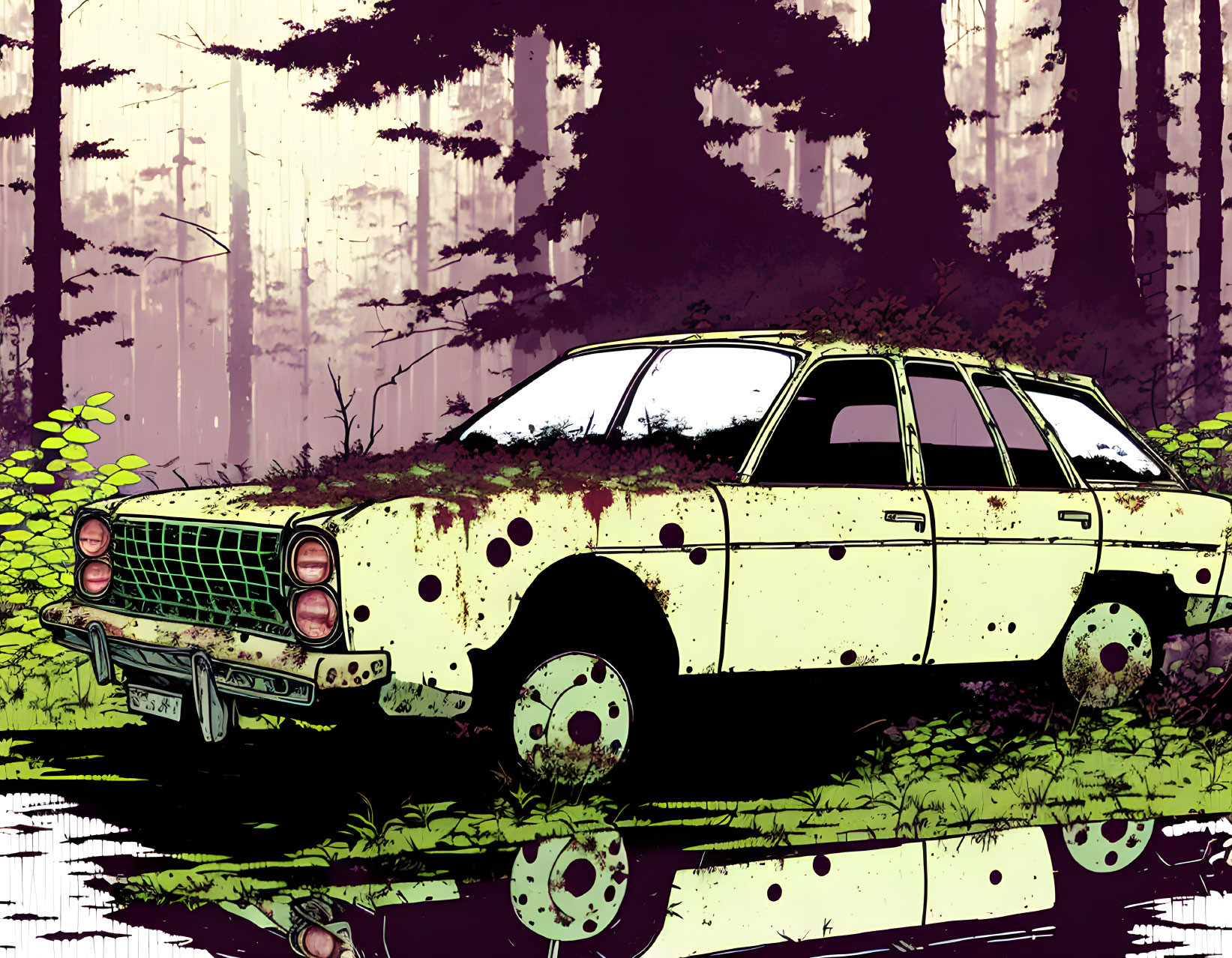 Abandoned rusty car in moss-covered forest