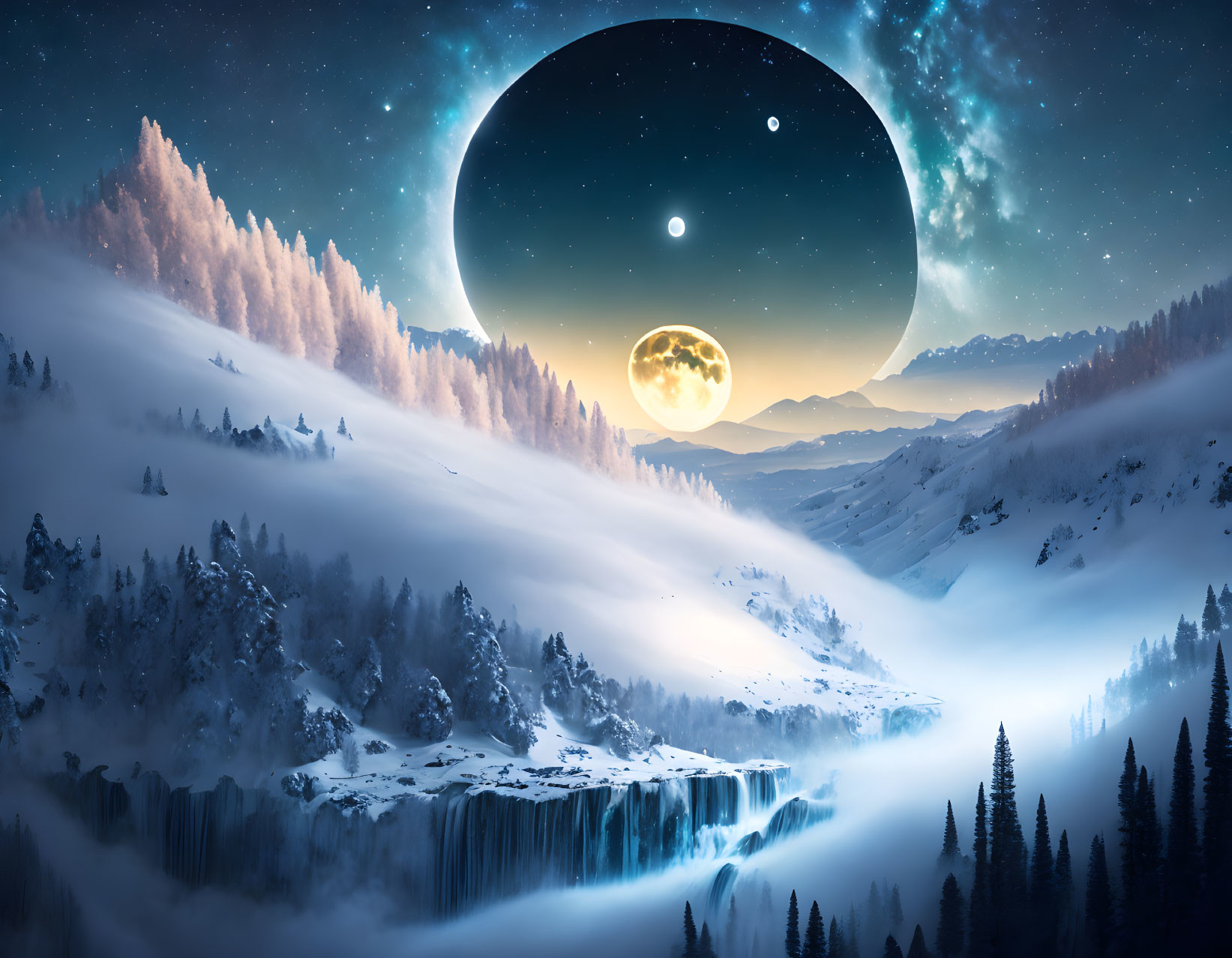 Surreal winter night scene: moon, celestial bodies, snow-covered trees, mountains, waterfall.