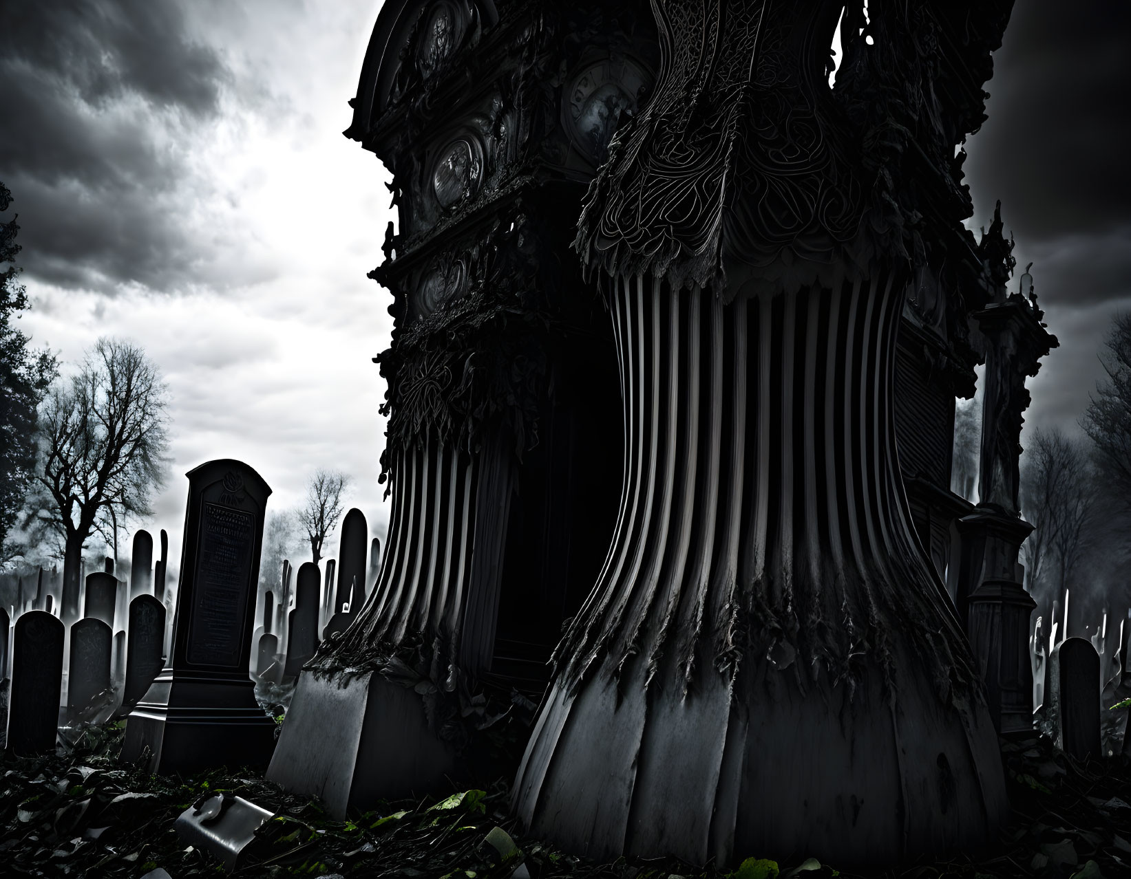 Eerie graveyard scene with decaying tombstones and bare trees