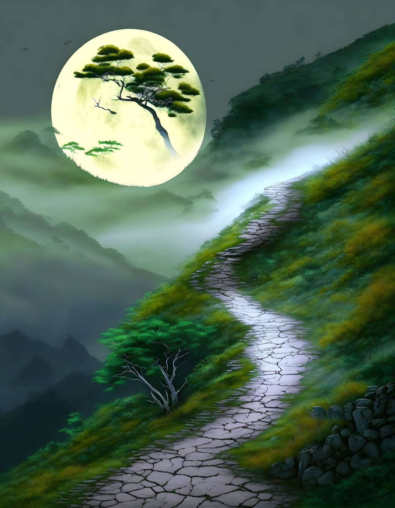 Moonlit Path Through Lush Green Hills Under Yellow Moon