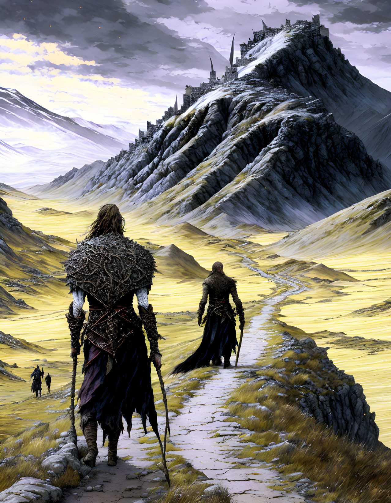 Medieval trio journey to castle on craggy mountain