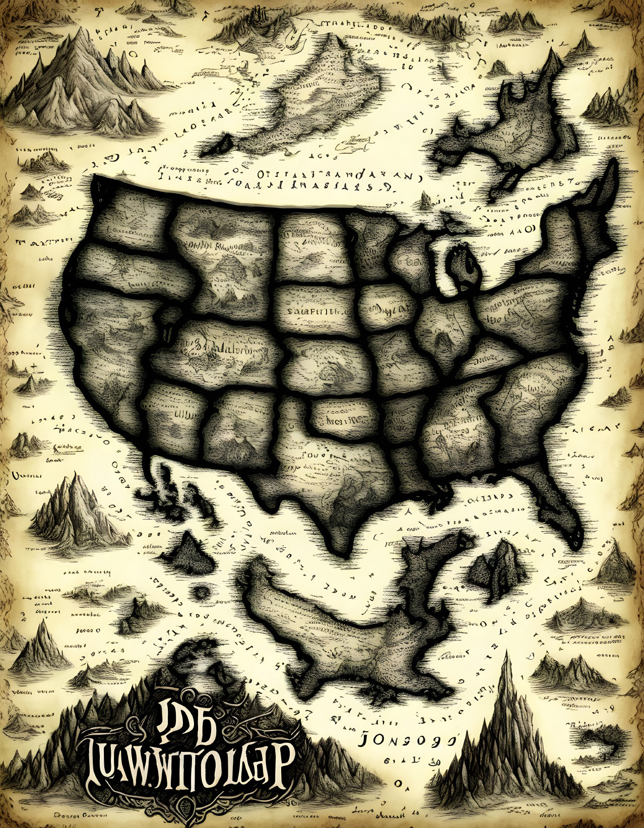 Fantasy-style map of the United States with medieval-themed states, mountains, creatures, and calligraph