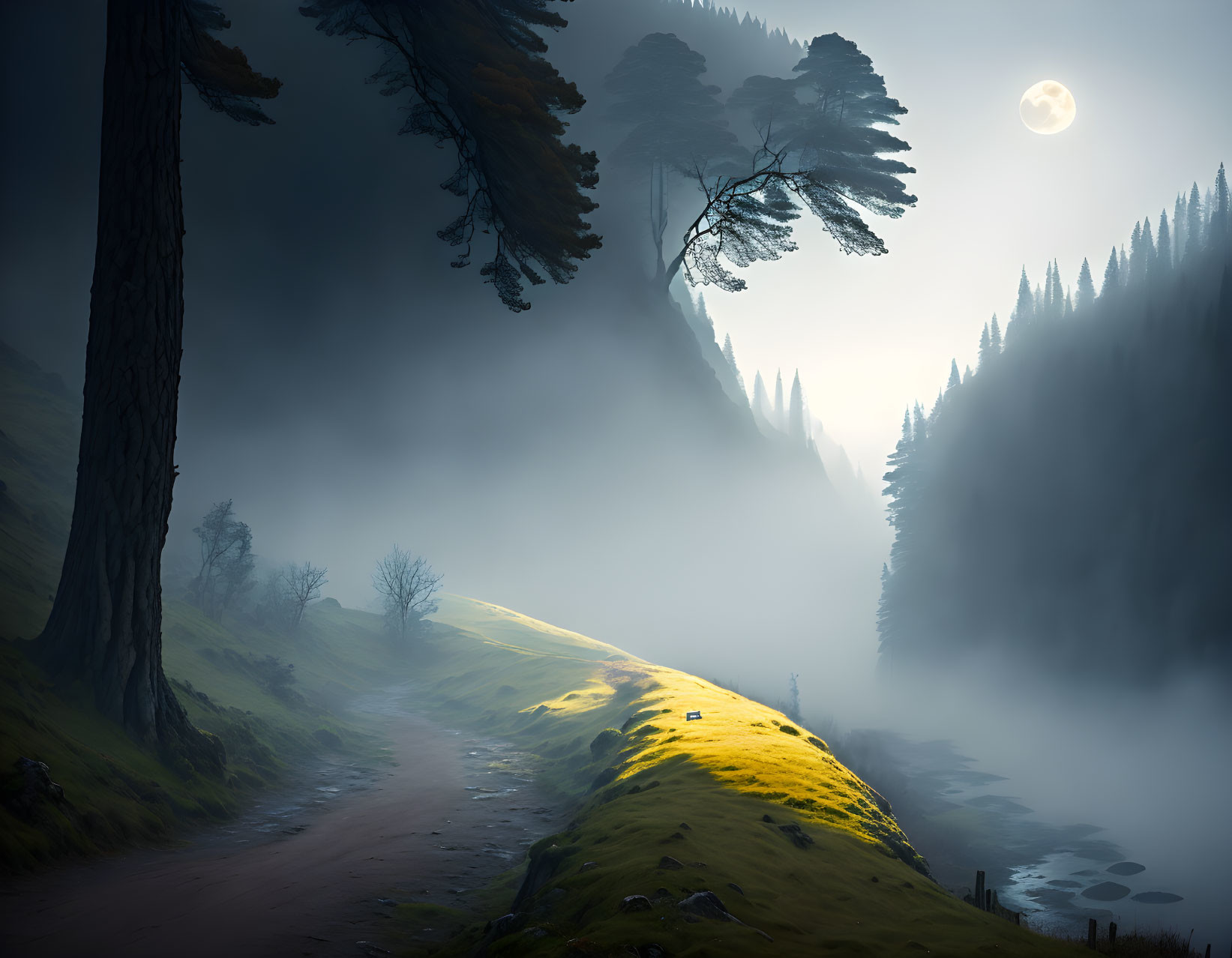 Misty landscape at dusk with full moon over winding path