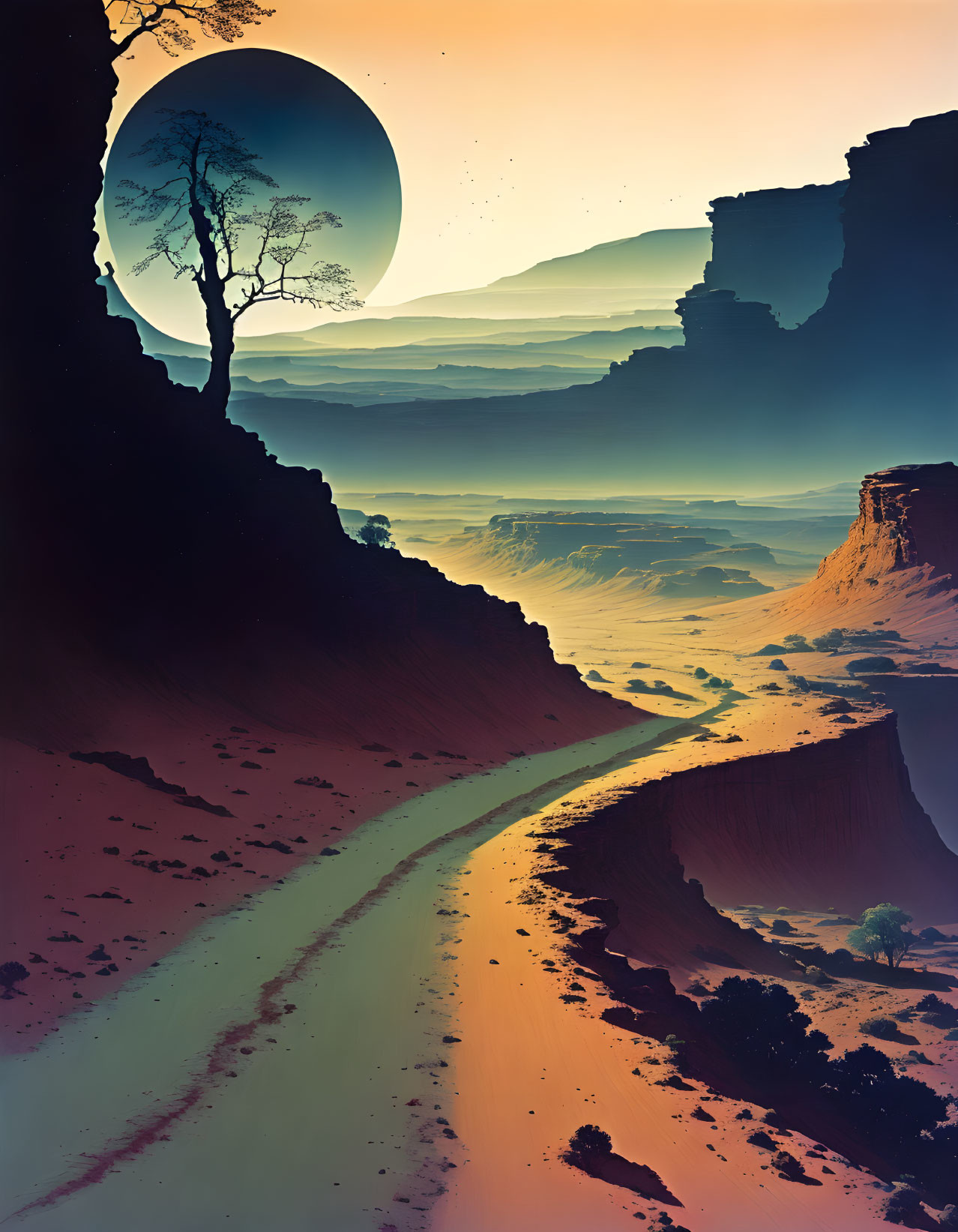 Surreal landscape with large moon, lone tree, winding river, and layered rock formations