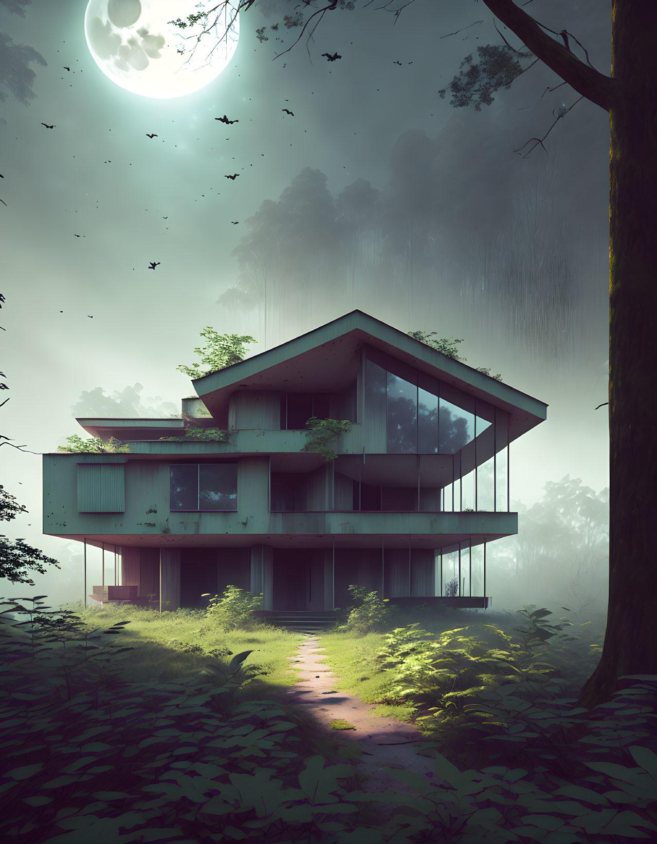 Modern multi-level house with large glass windows in misty forest at night