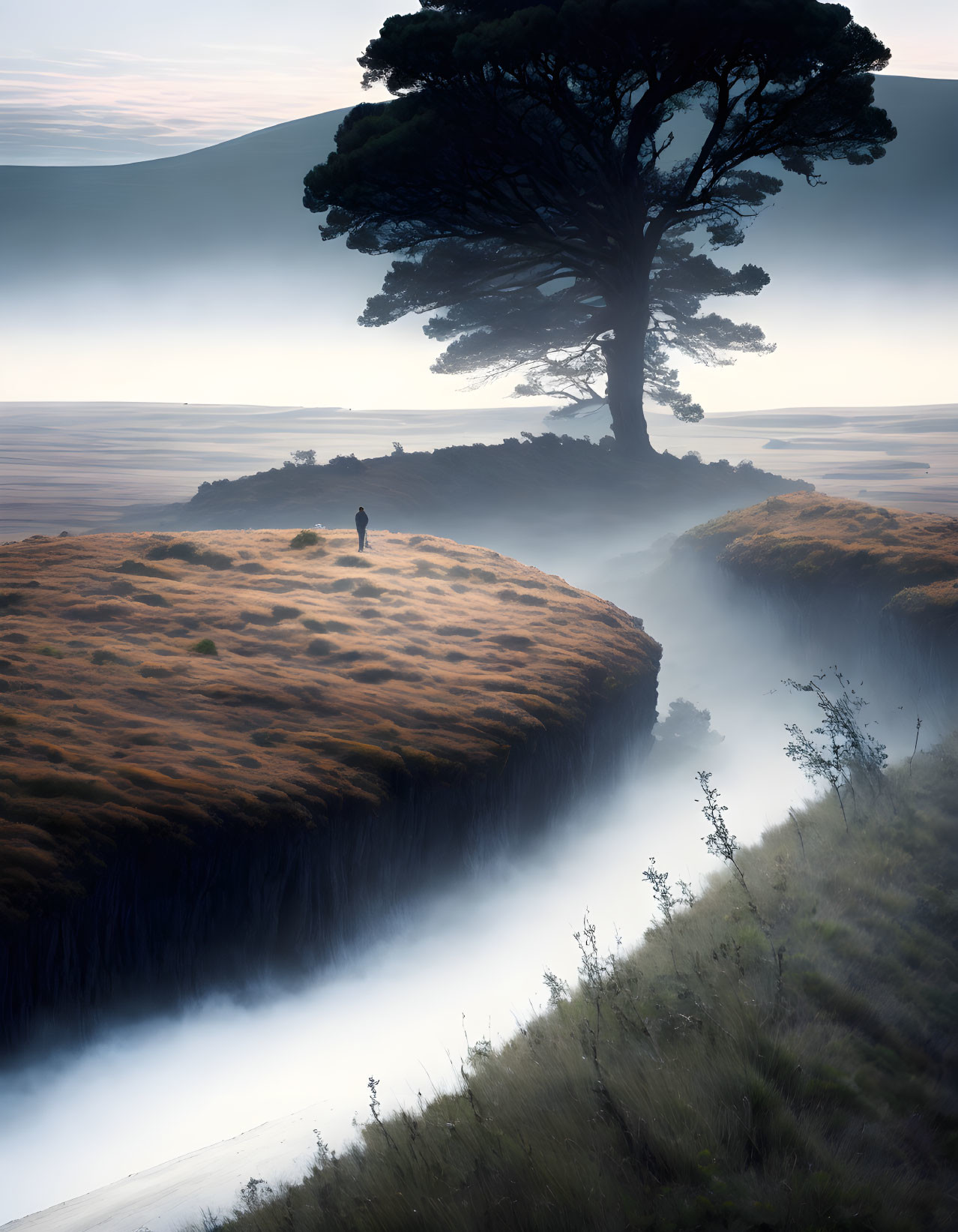 Person standing under large tree on foggy cliff edge