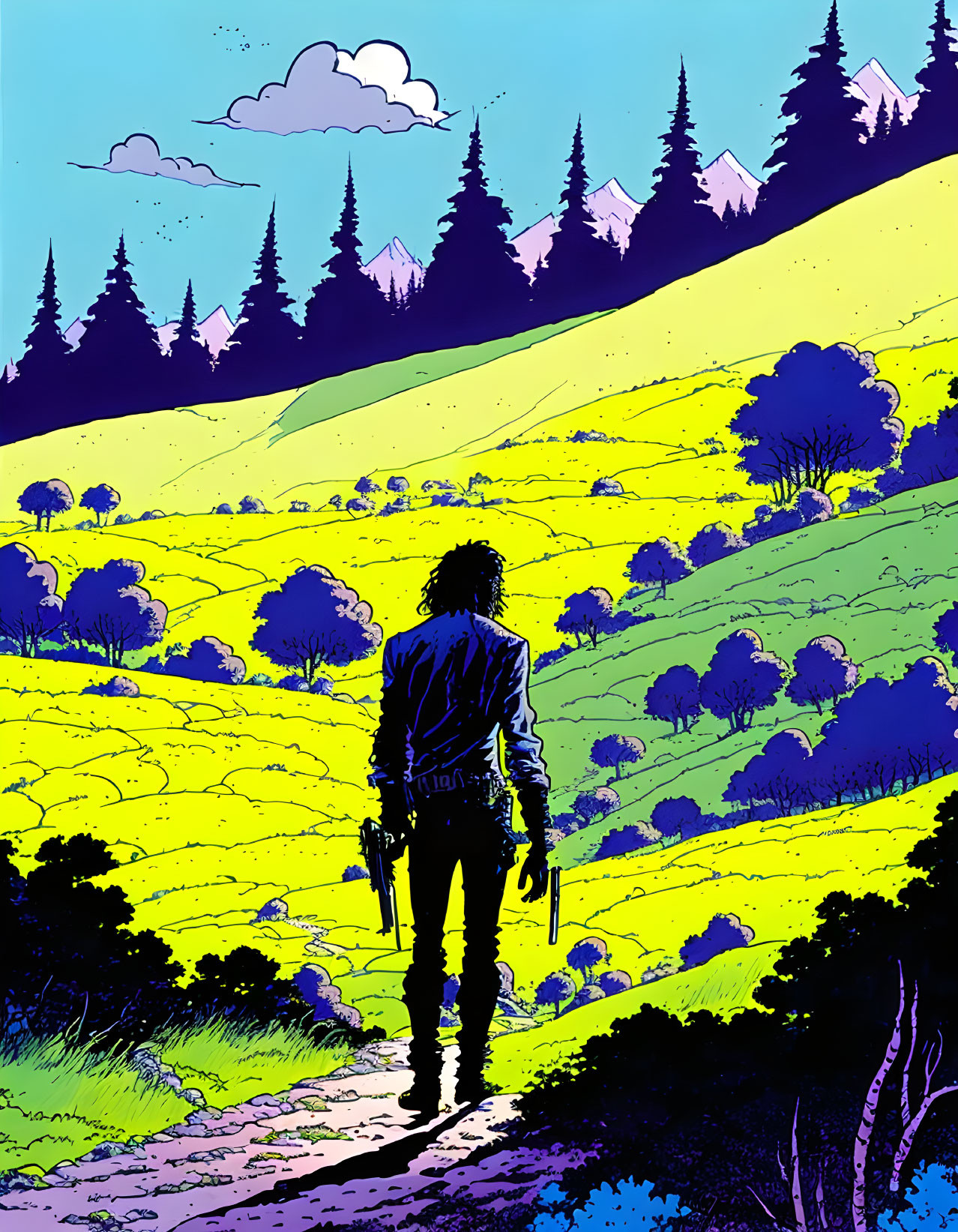 Silhouetted figure in vibrant landscape with yellow fields and green hills