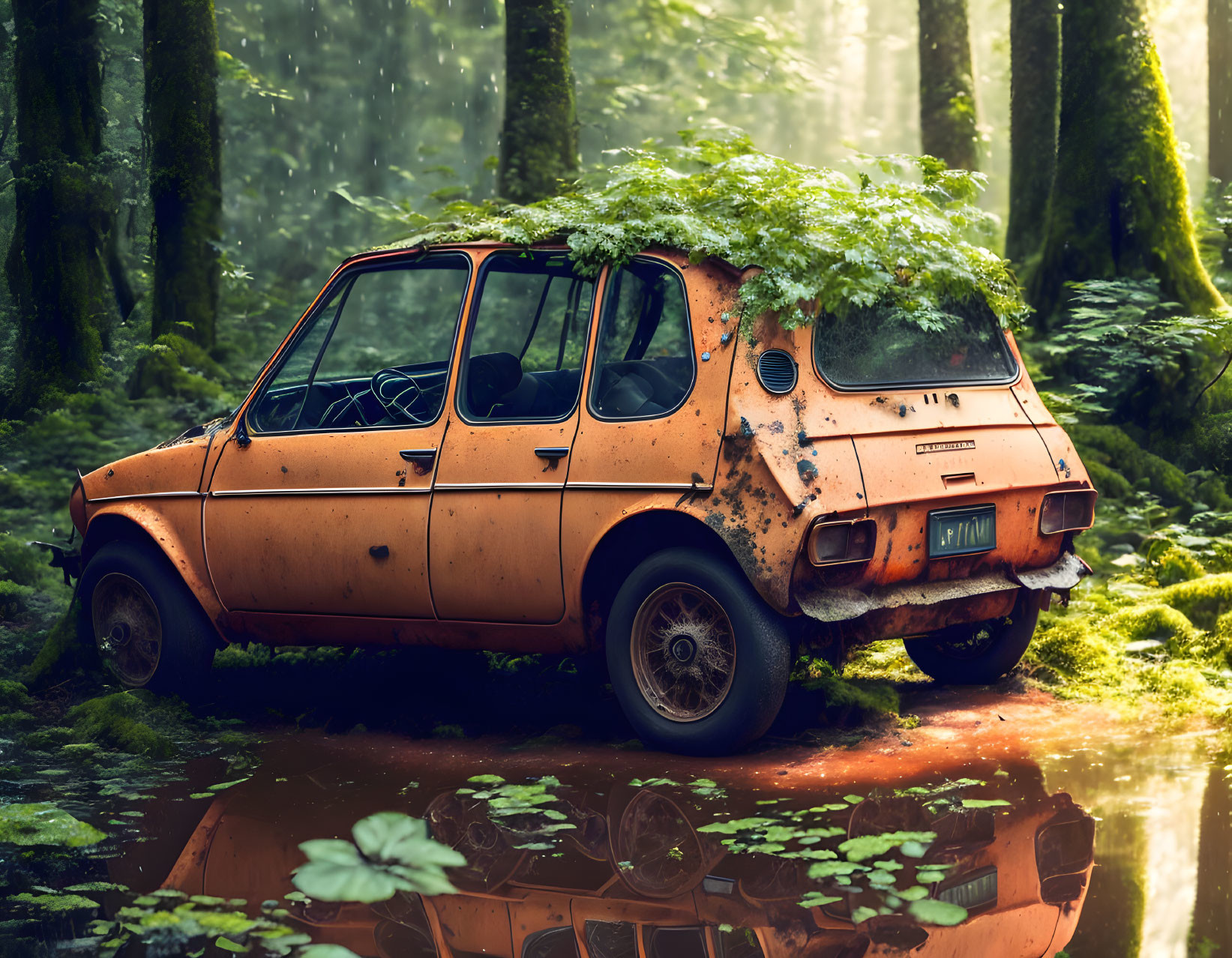 Abandoned rusty car in misty forest with overgrown plants