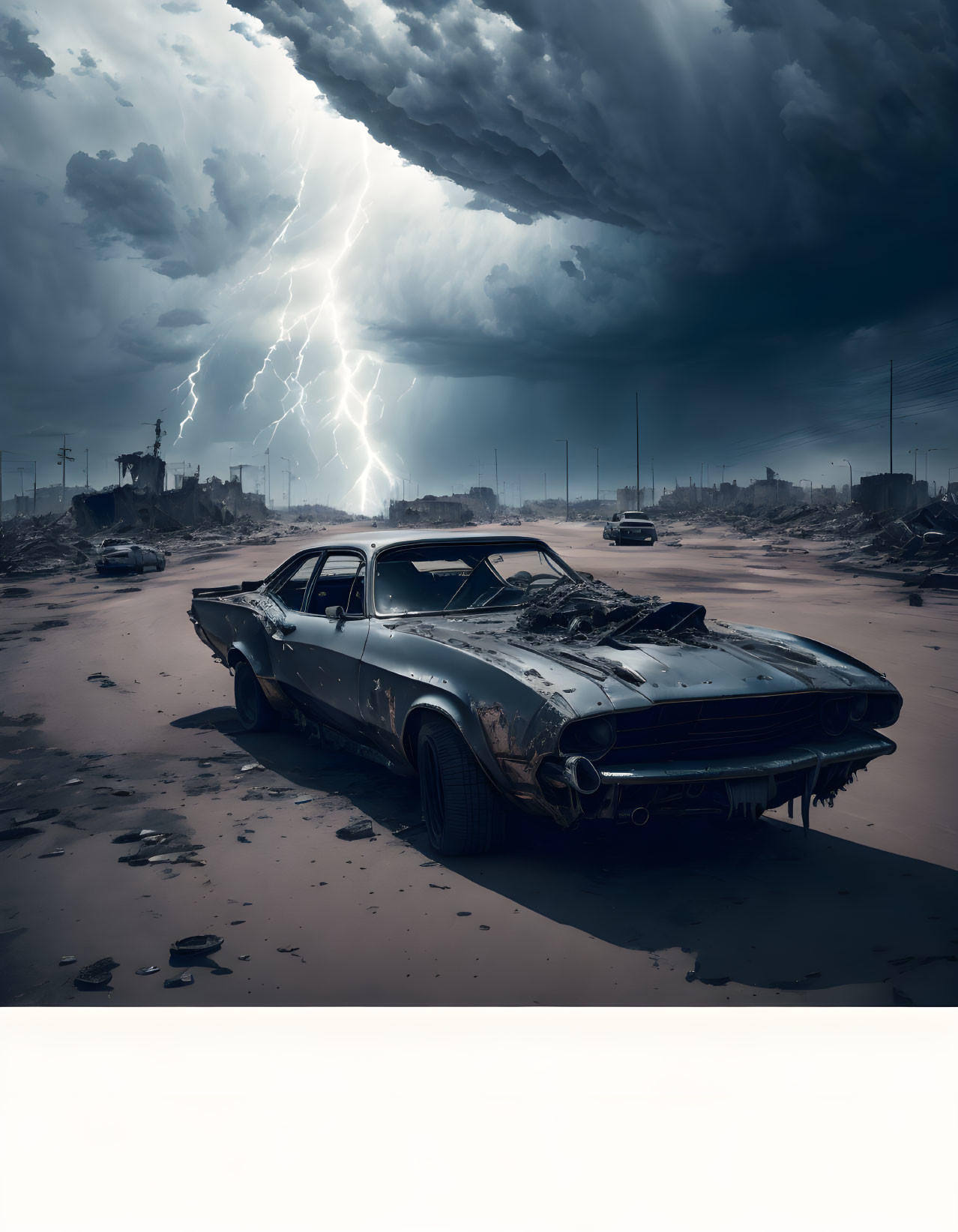 Weathered car under stormy sky in post-apocalyptic landscape