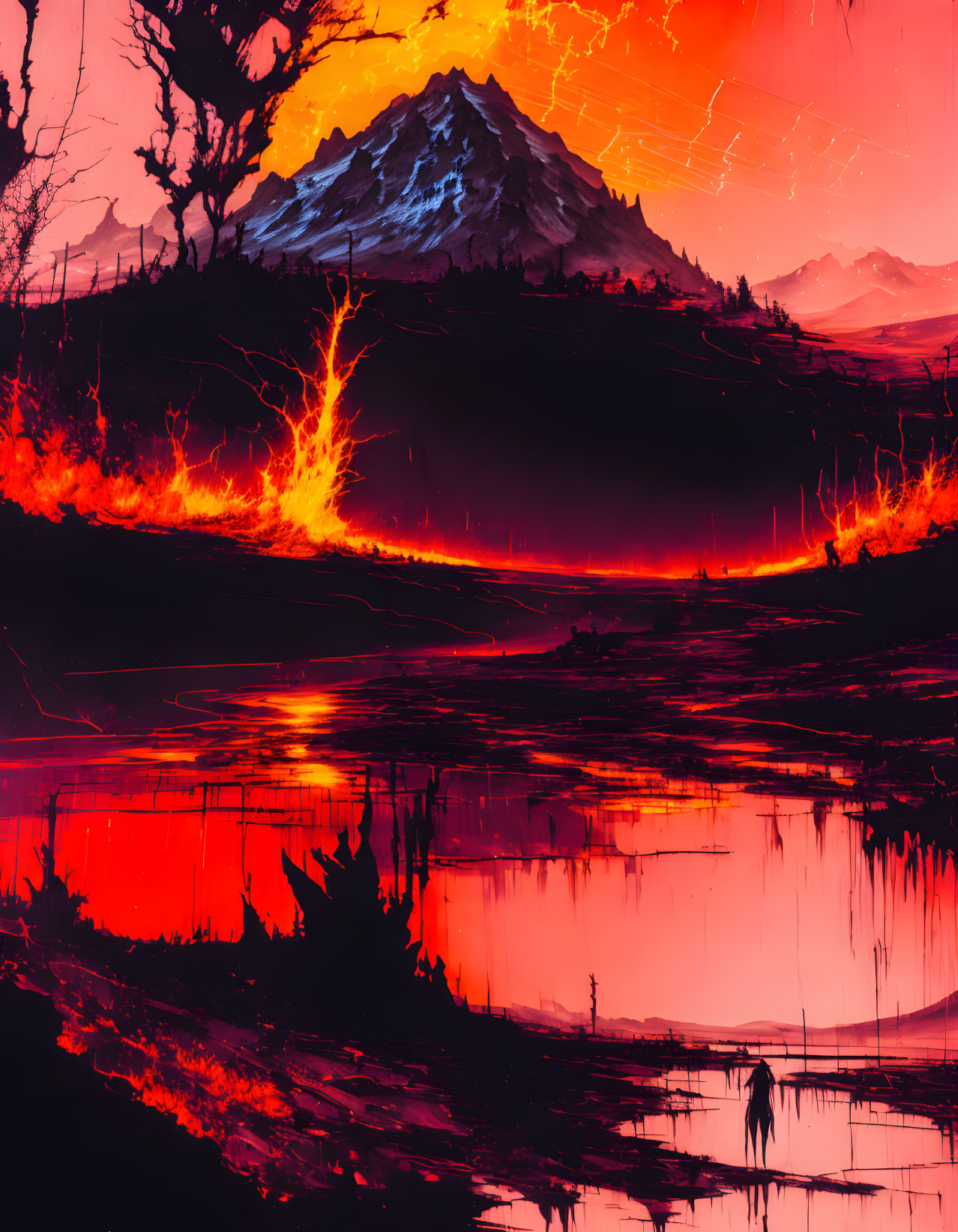 Volcanic landscape with lava flows, mountain backdrop, reflective lake, red sky, and silhou